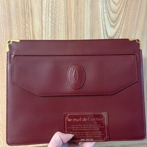 Auth Must De Cartier Paris Burgundy Bordeaux Leather Clutch Bag Purse W/COA